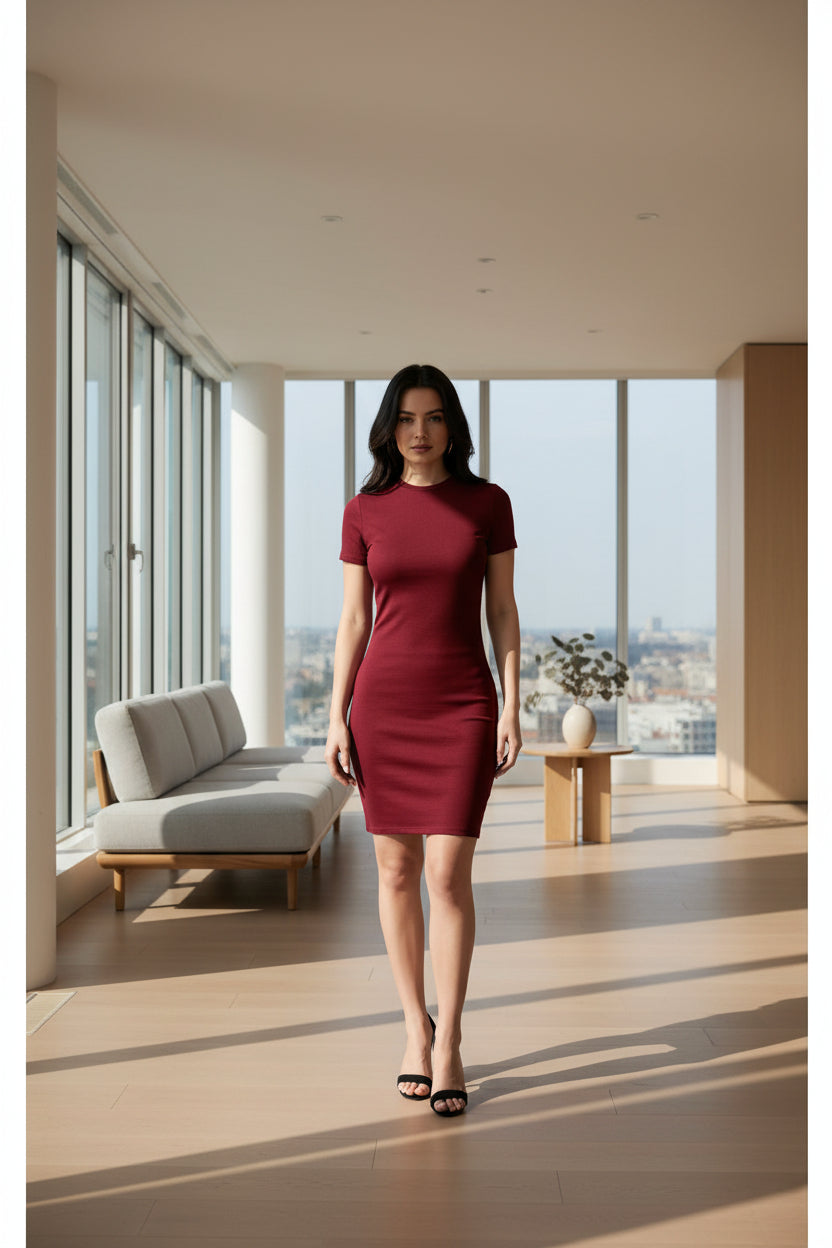 Red dress worn by a person on a plain background