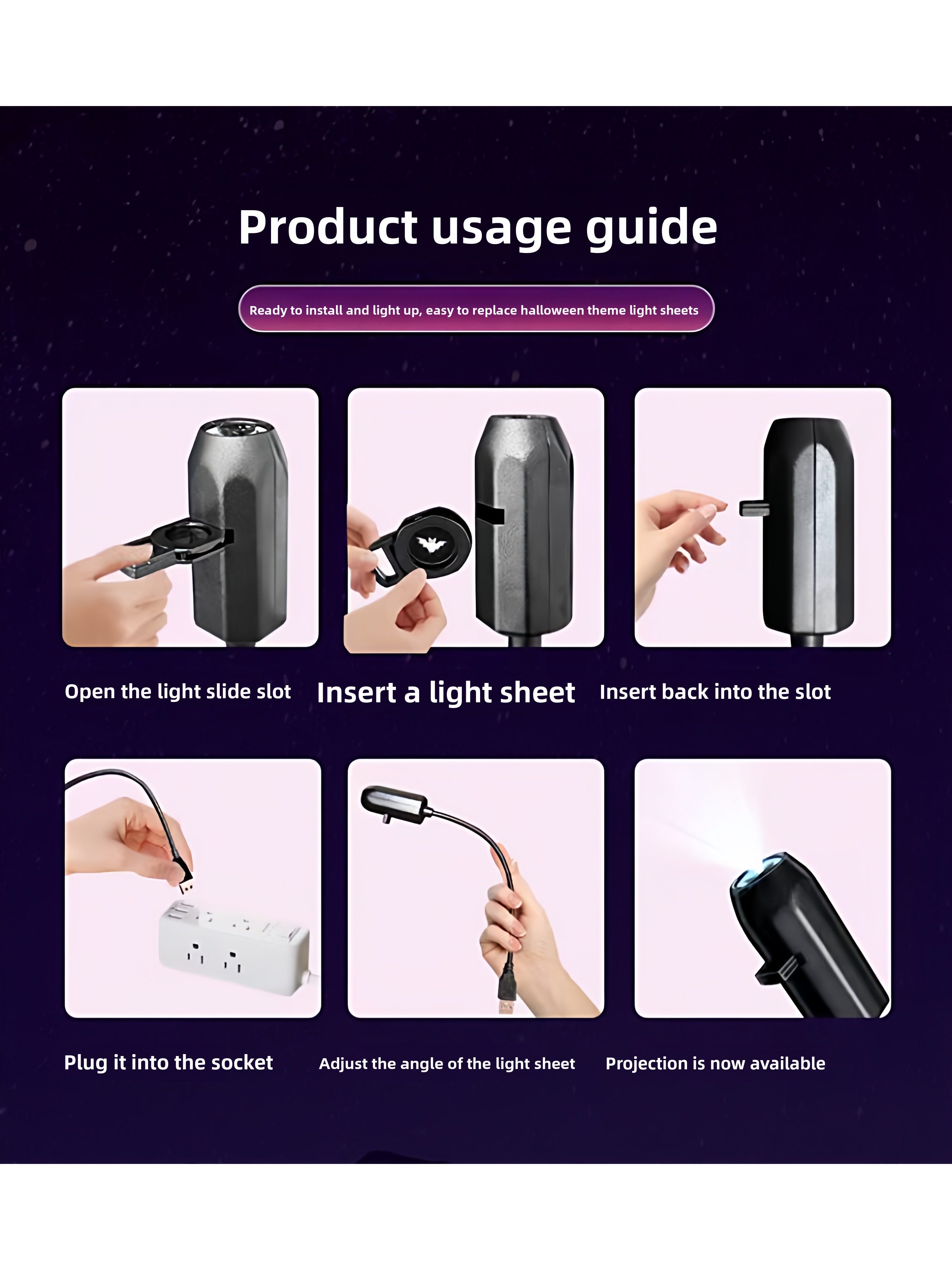 Step-by-step product usage guide with hands performing actions on a dark background