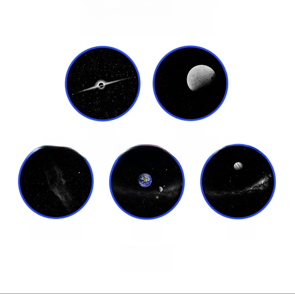 Illustration of celestial bodies including stars and planets on a white background