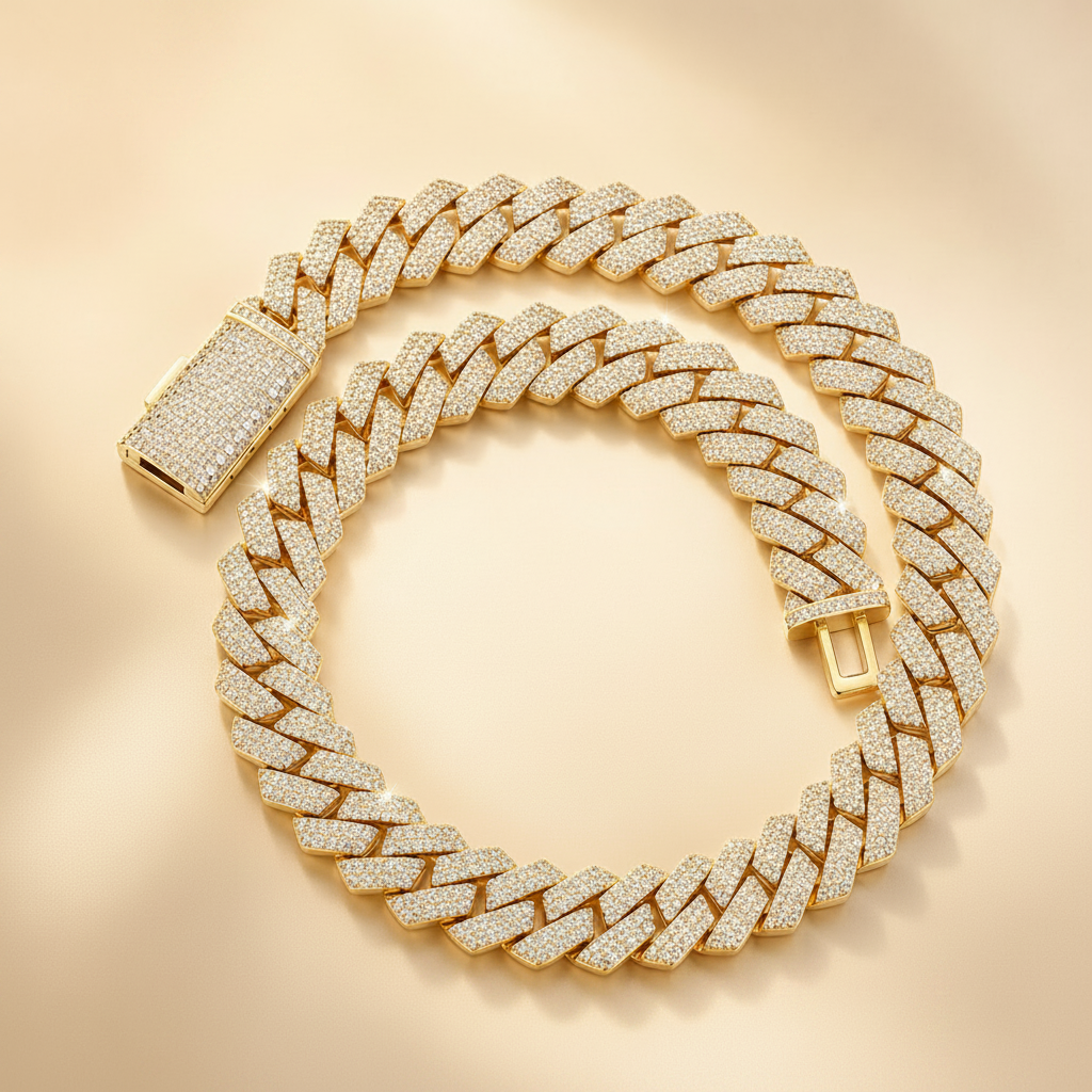 Gold chain necklace with diamond-like stones on a beige background, featuring the Luwora brand.