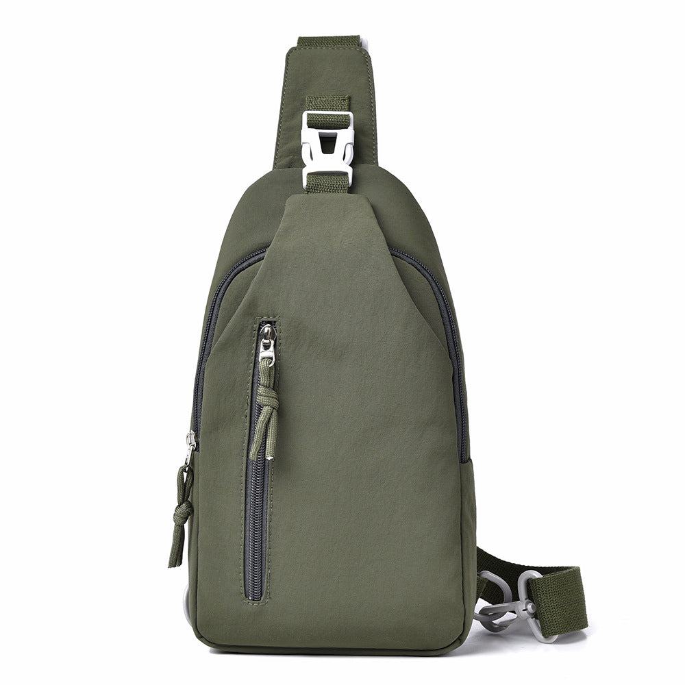 Green sling bag with a strap on a white background