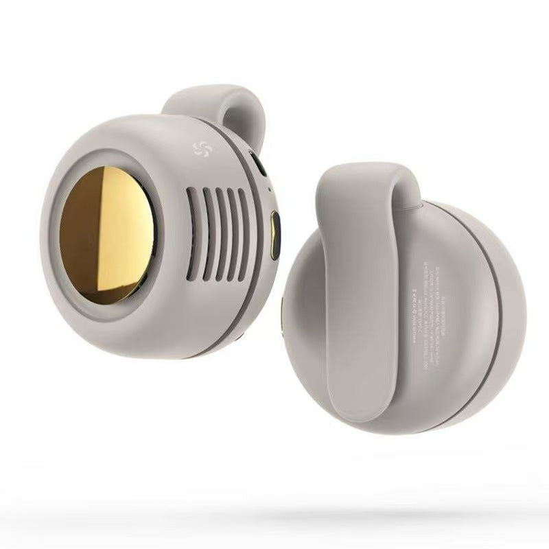 Gray wireless earbuds with gold accents on a white background