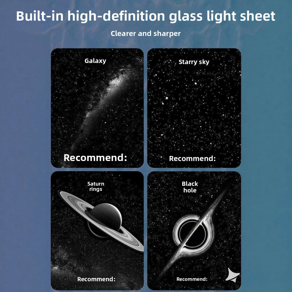 Four images of celestial objects with text on a blue background, highlighting high-definition glass light sheet clarity.