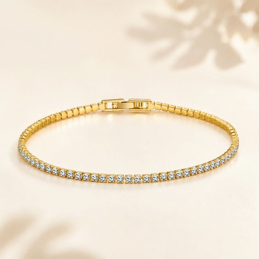 Gold bracelet with diamonds on a beige background, featuring the Luvora brand.