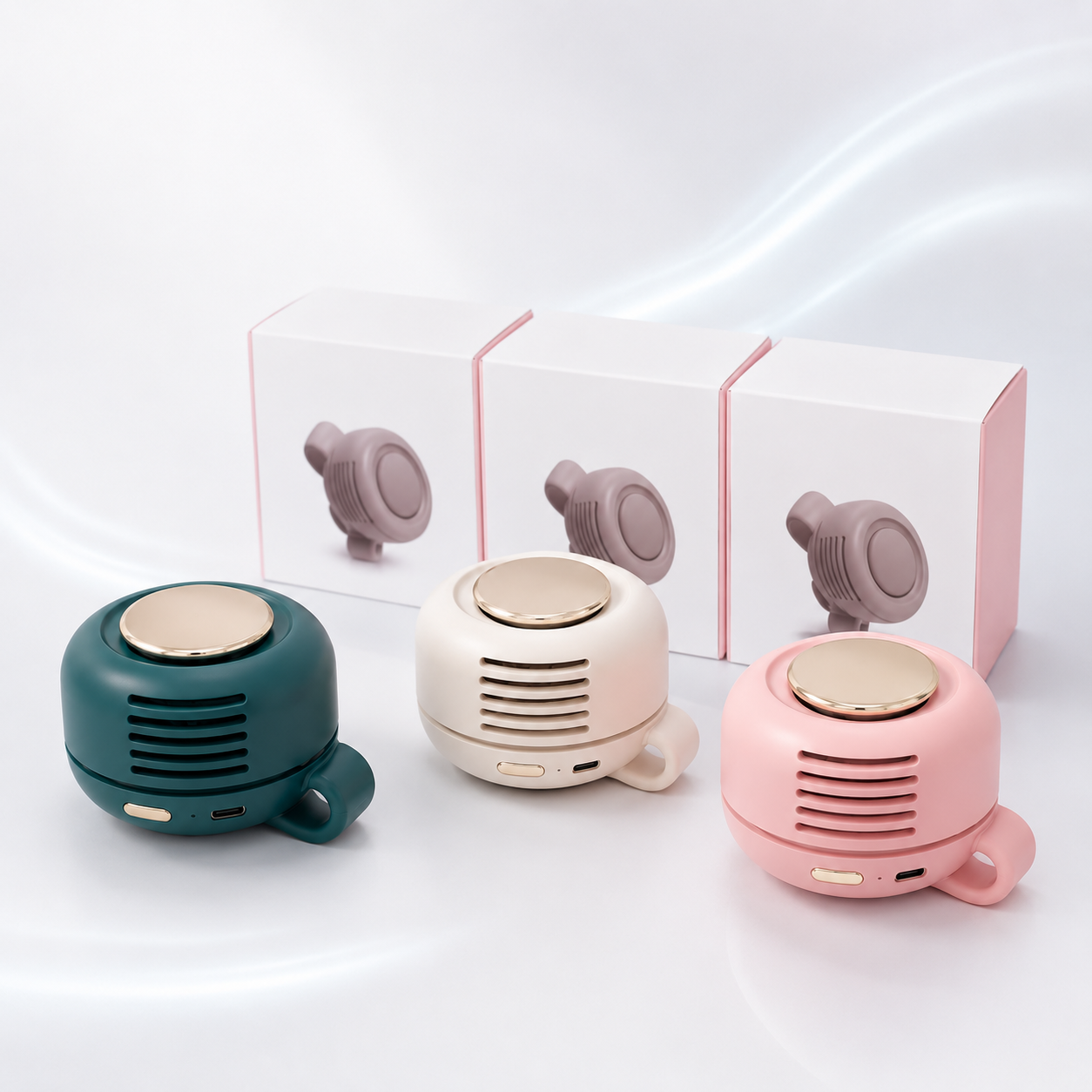 High-quality exploded view of a portable wearable mini fan with a 60-blade turbo airflow system, powerful brushless motor, USB-C rechargeable battery, and ultra-quiet operation. Ideal for travel, outdoor activities, sports, work, hiking, camping, concerts, and everyday cooling.