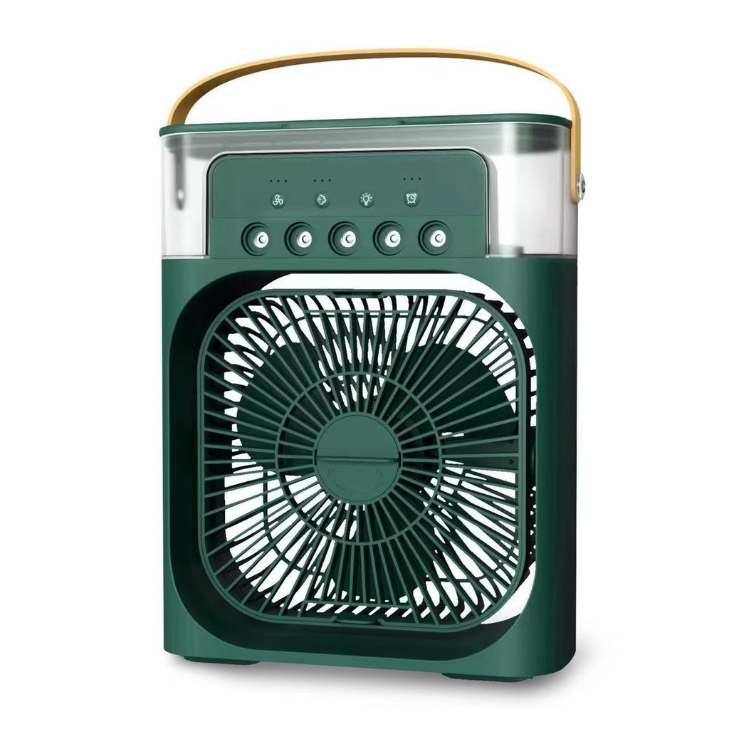 Green portable fan with a handle on a white background