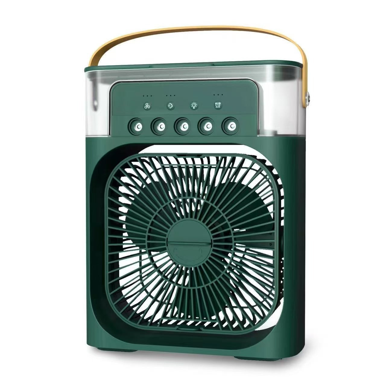 Green portable fan with a handle on a white background