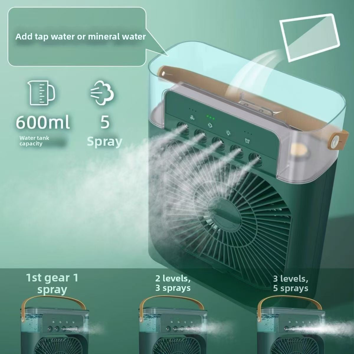 A 600ml portable misting fan with a dark green body and clear top cover, shown spraying water in a fan-shaped mist. The graphic includes feature callouts: 'Add tap water or mineral water', '600ml water tank capacity', and '5 Spray'.