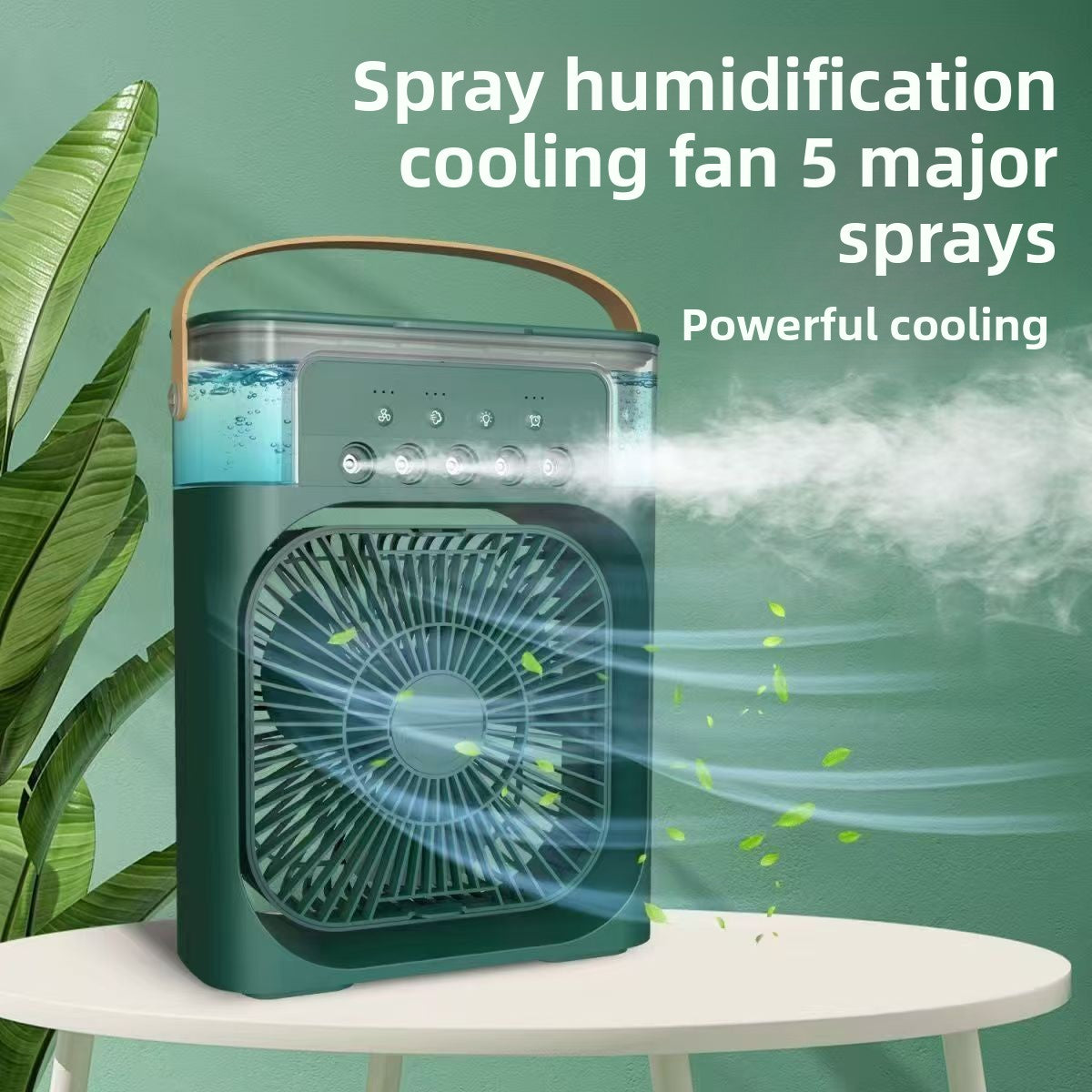 A portable cooling fan with a transparent water tank and mist spray feature, shown on a white table against a green background with text highlighting its humidification and cooling capabilities.