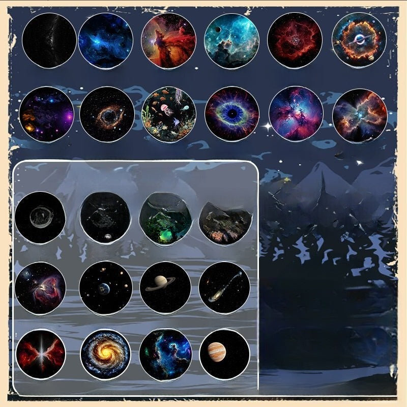 Collection of various galaxy and celestial body illustrations on a dark background.