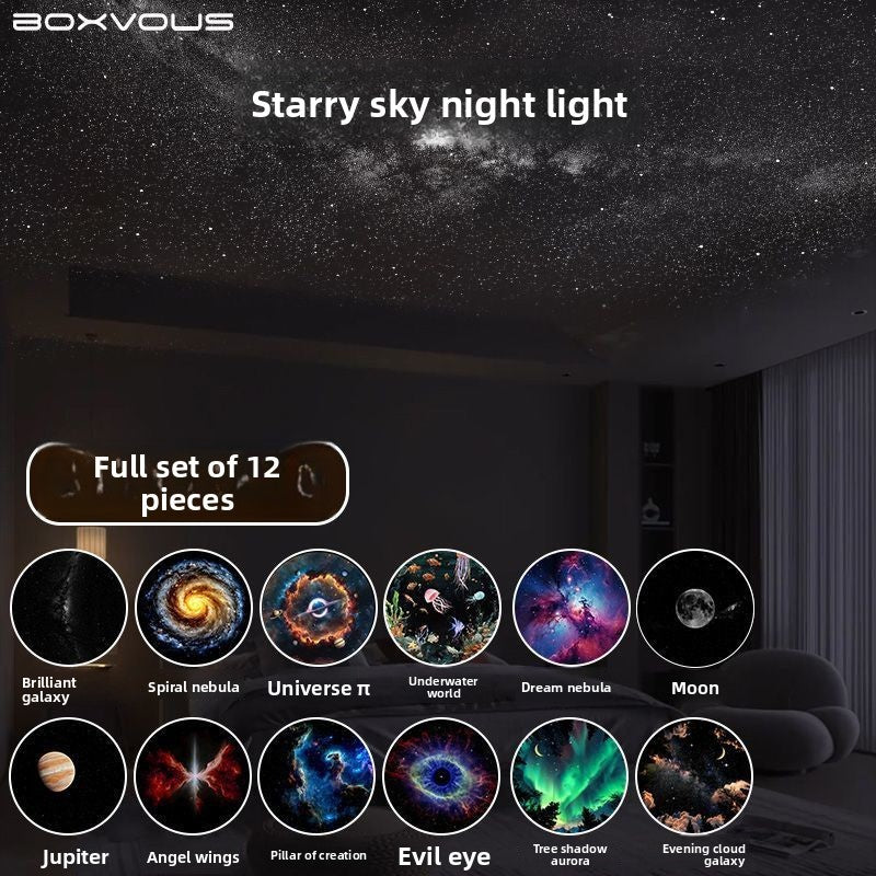 Starry sky night light projector with 12 different galaxy designs on a dark background.