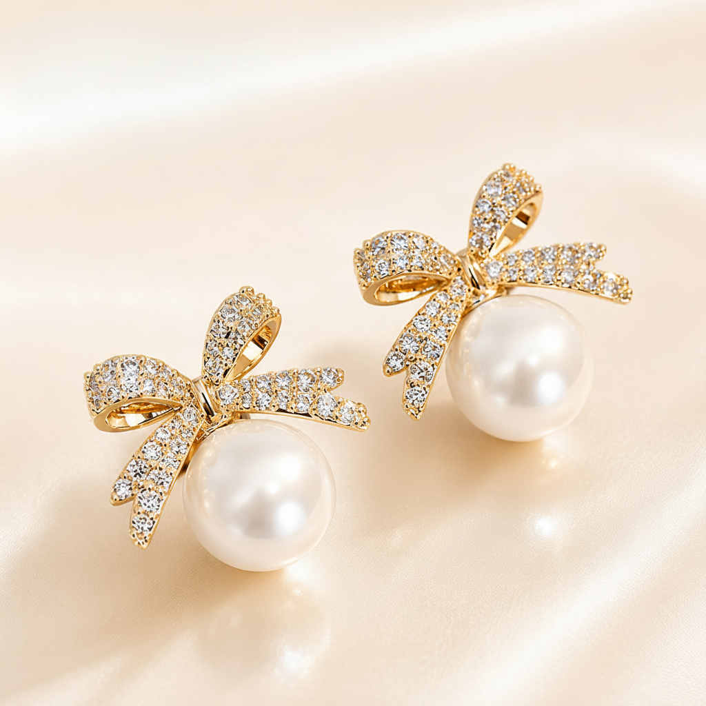 Pearl earrings with gold bows on a beige background, featuring the Luvora brand.