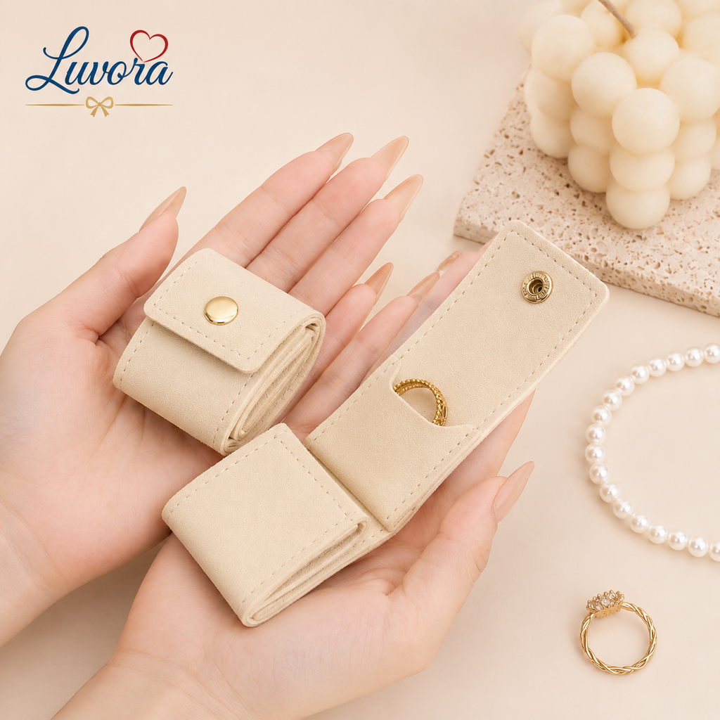 Portable jewelry storage bag for travel with multiple compartments for rings, earrings, necklaces, and bracelets in elegant minimalist beige and pink design.