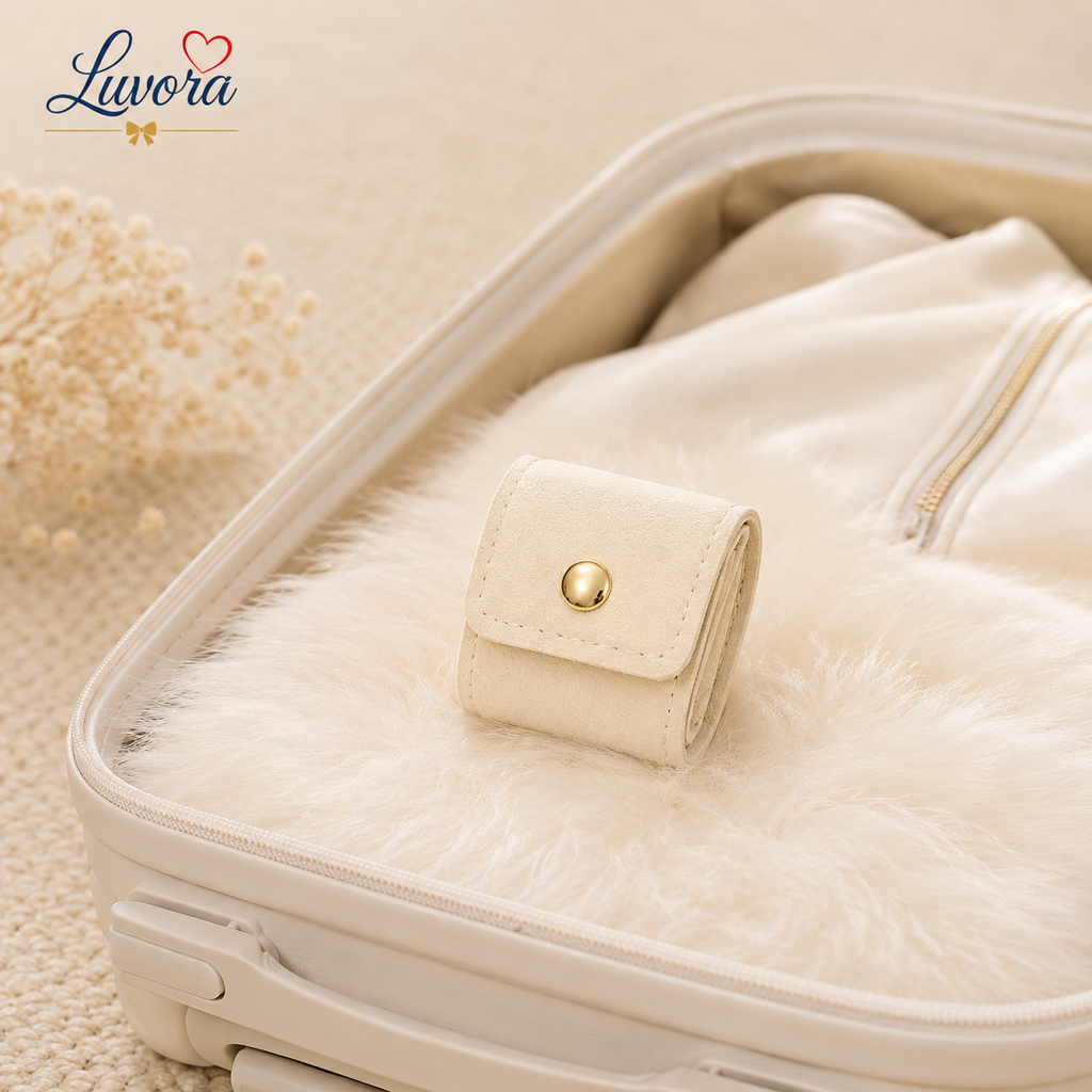 Portable jewelry storage bag for travel with multiple compartments for rings, earrings, necklaces, and bracelets in elegant minimalist beige and pink design.