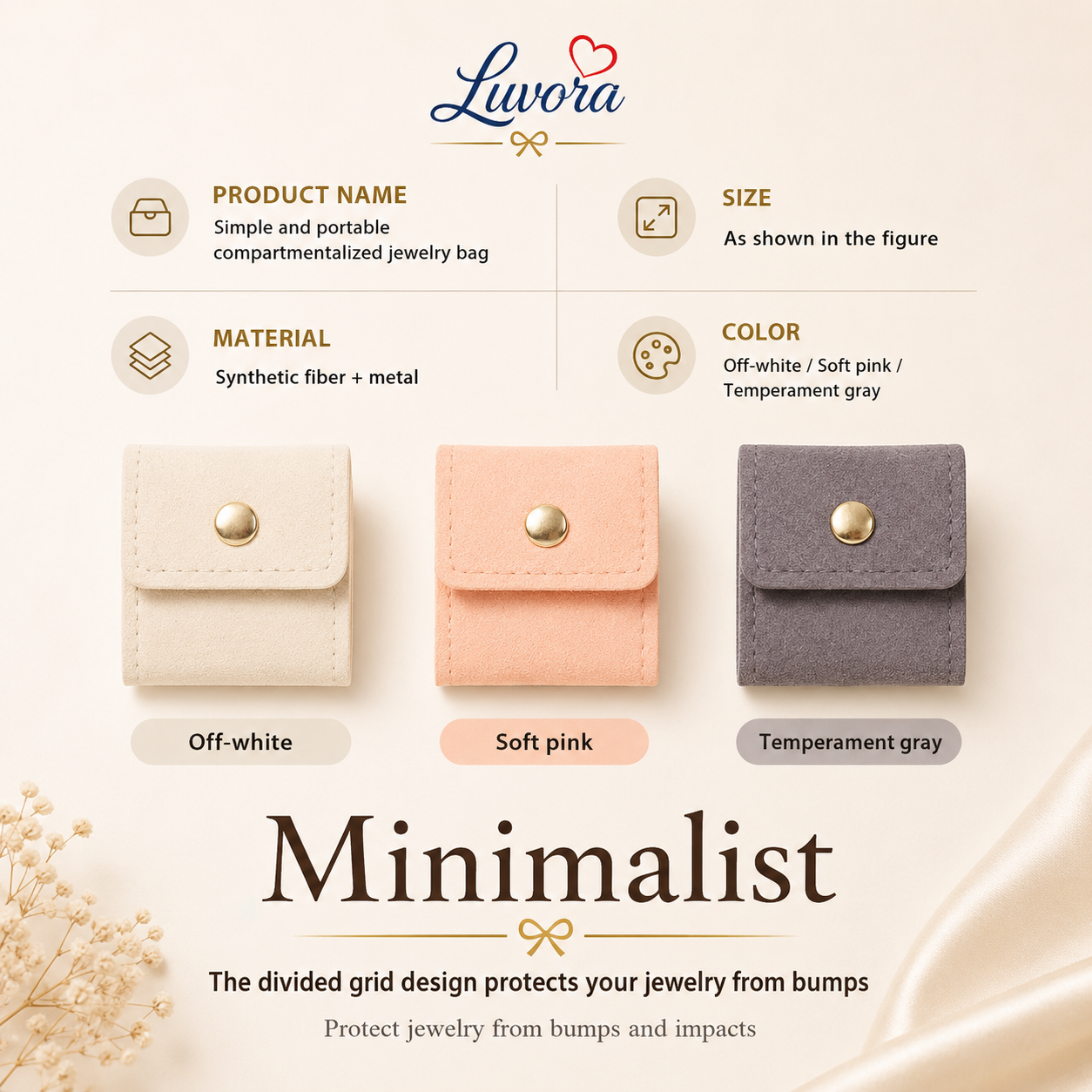 Portable jewelry storage bag for travel with multiple compartments for rings, earrings, necklaces, and bracelets in elegant minimalist beige and pink design.