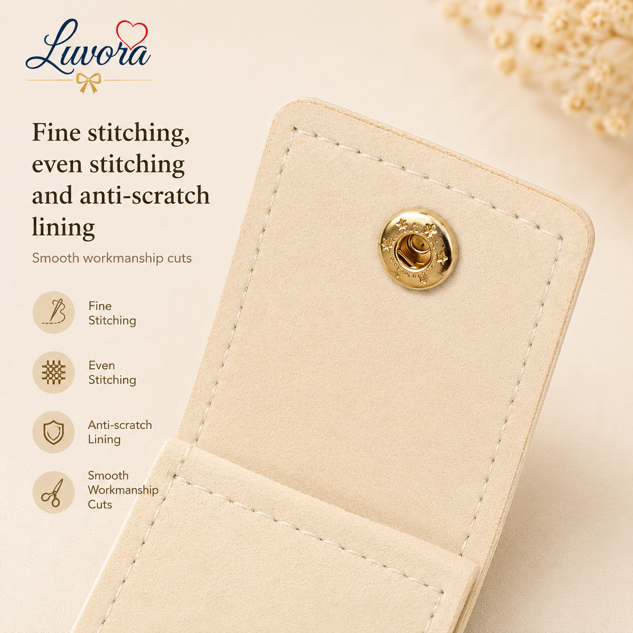 Portable jewelry storage bag for travel with multiple compartments for rings, earrings, necklaces, and bracelets in elegant minimalist beige and pink design.