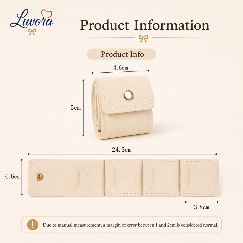 Portable jewelry storage bag for travel with multiple compartments for rings, earrings, necklaces, and bracelets in elegant minimalist beige and pink design.