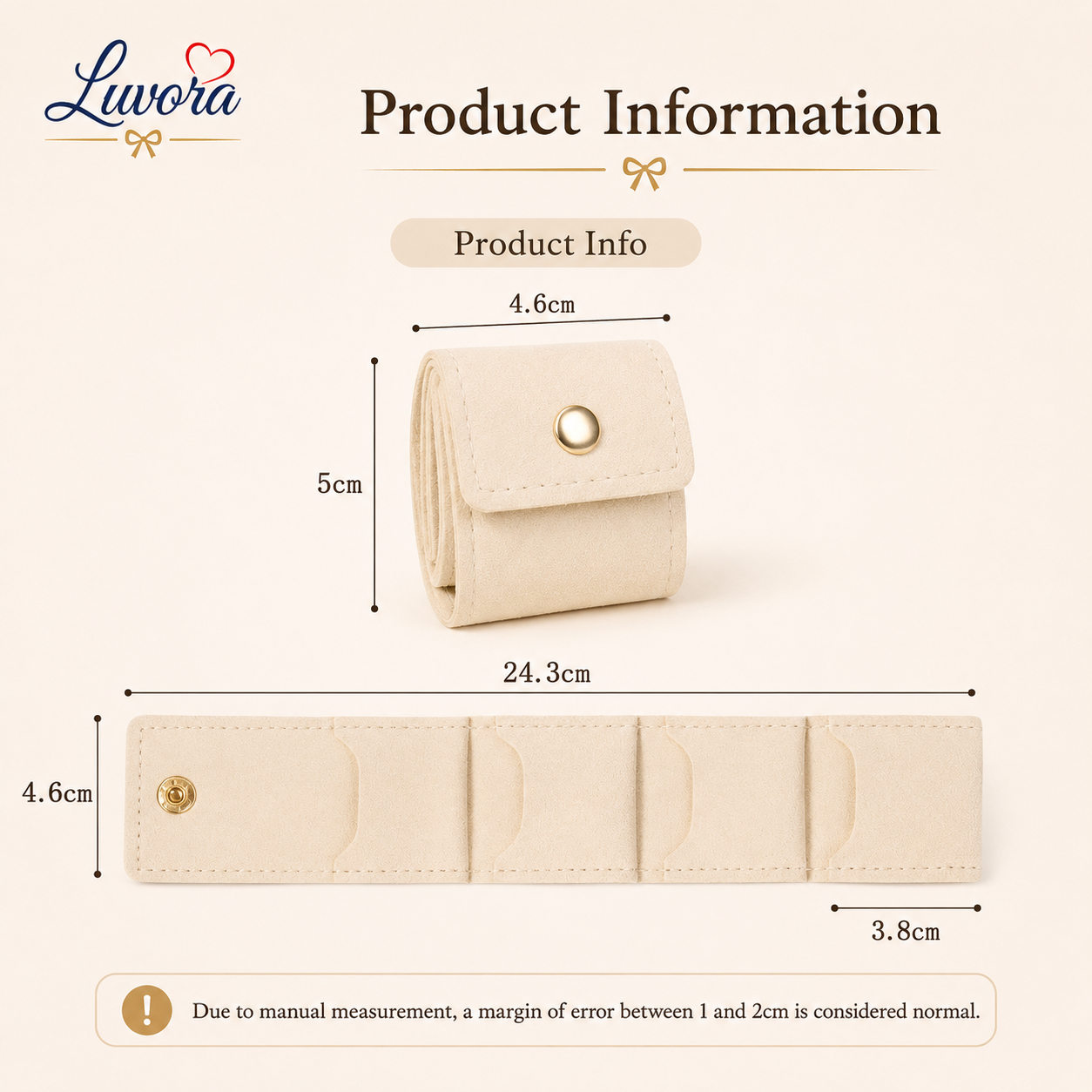 Portable jewelry storage bag for travel with multiple compartments for rings, earrings, necklaces, and bracelets in elegant minimalist beige and pink design.