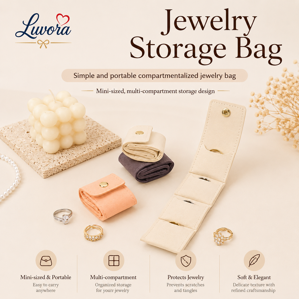 Portable jewelry storage bag for travel with multiple compartments for rings, earrings, necklaces, and bracelets in elegant minimalist beige and pink design.