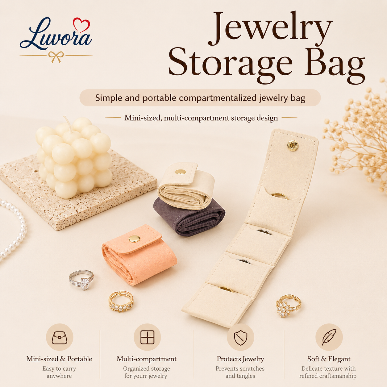 Portable jewelry storage bag for travel with multiple compartments for rings, earrings, necklaces, and bracelets in elegant minimalist beige and pink design.