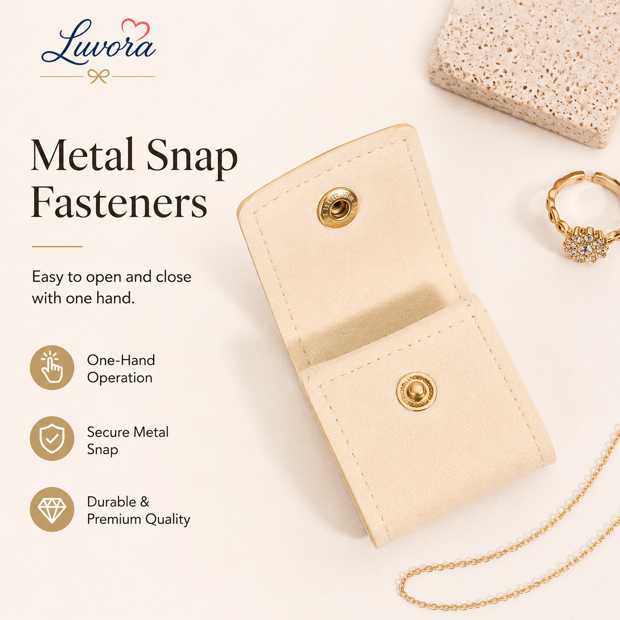 Portable jewelry storage bag for travel with multiple compartments for rings, earrings, necklaces, and bracelets in elegant minimalist beige and pink design.