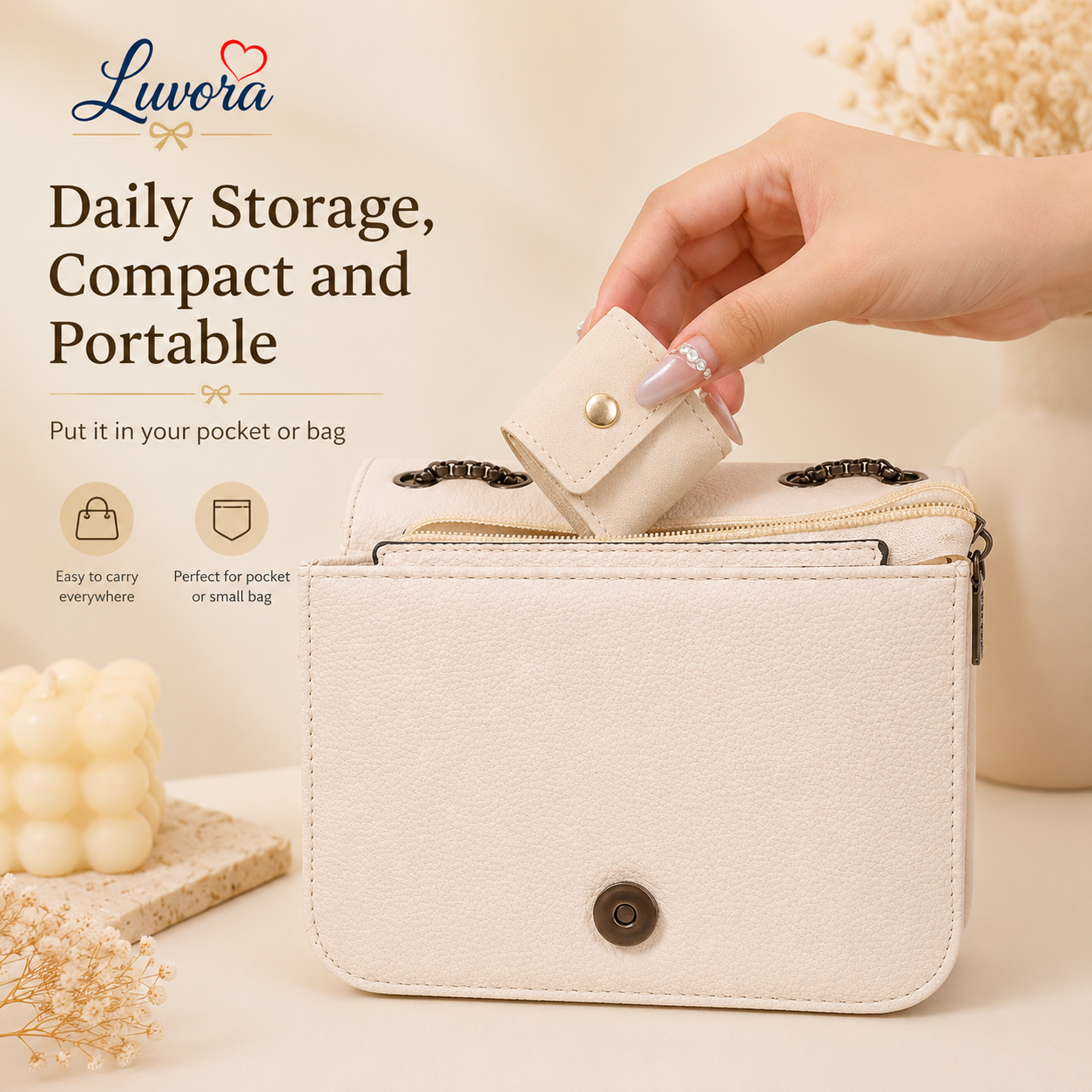 Portable jewelry storage bag for travel with multiple compartments for rings, earrings, necklaces, and bracelets in elegant minimalist beige and pink design.