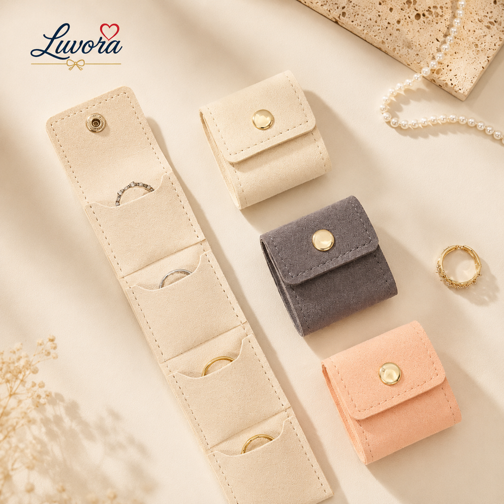 Portable jewelry storage bag for travel with multiple compartments for rings, earrings, necklaces, and bracelets in elegant minimalist beige and pink design.