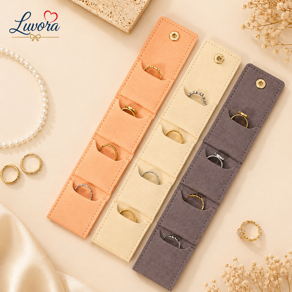 Portable jewelry storage bag for travel with multiple compartments for rings, earrings, necklaces, and bracelets in elegant minimalist beige and pink design.
