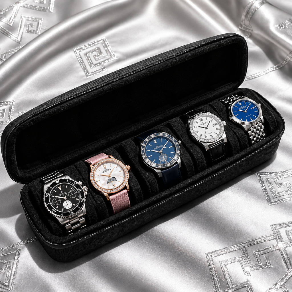 A black zippered watch storage case holding five wristwatches, arranged on a shiny silver satin fabric with a geometric pattern.