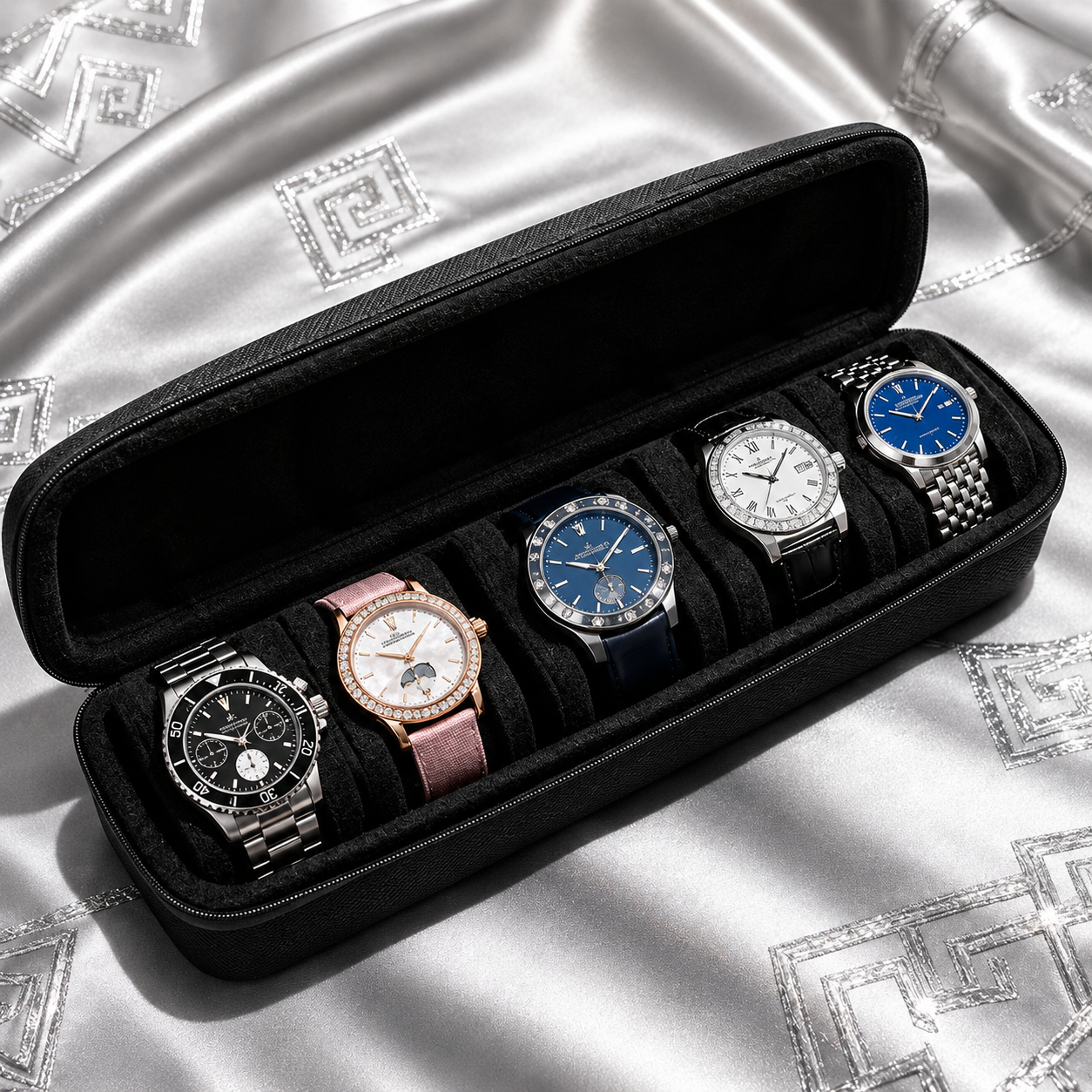 A black zippered watch storage case holding five wristwatches, arranged on a shiny silver satin fabric with a geometric pattern.