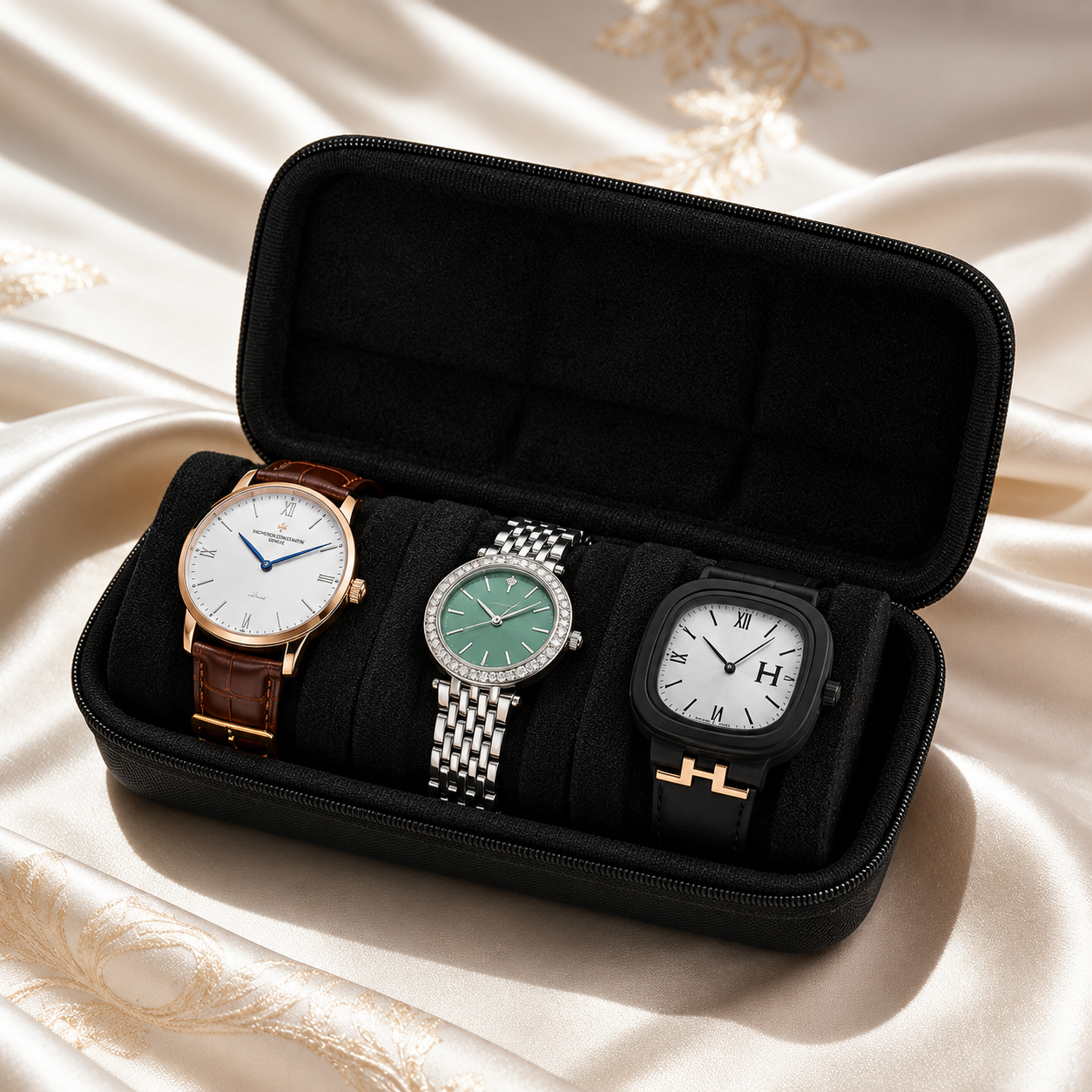 A black zippered watch storage case holding three wristwatches, photographed on draped champagne satin fabric. The watches include a rose gold one with a brown strap, a silver-and-green metal bracelet watch, and a black watch with a white face and Roman numerals.