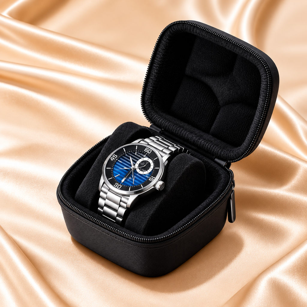 A silver metal wristwatch with a blue sunburst dial is displayed inside an open black zippered presentation case on draped champagne satin fabric.