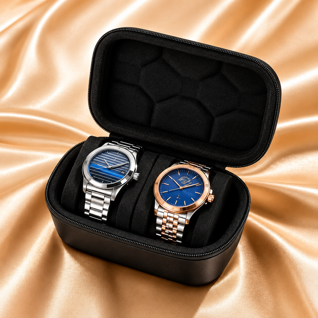 Two wristwatches with blue dials displayed inside an open black watch box on a shiny gold satin fabric background.