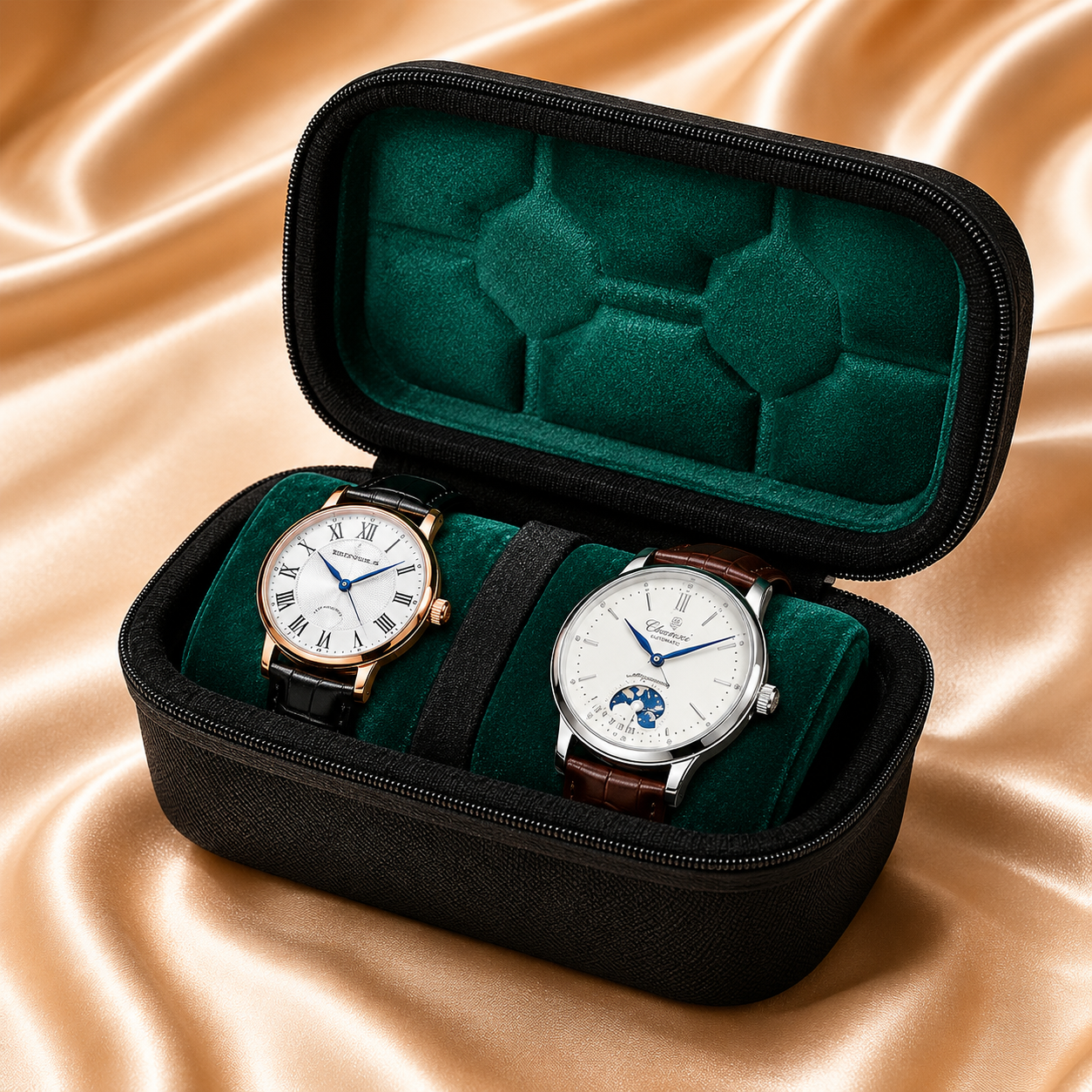An open black zippered watch presentation case with a dark green velvet interior, holding two wristwatches on a draped champagne satin background. The left watch has a gold case, blue dial, and black strap.