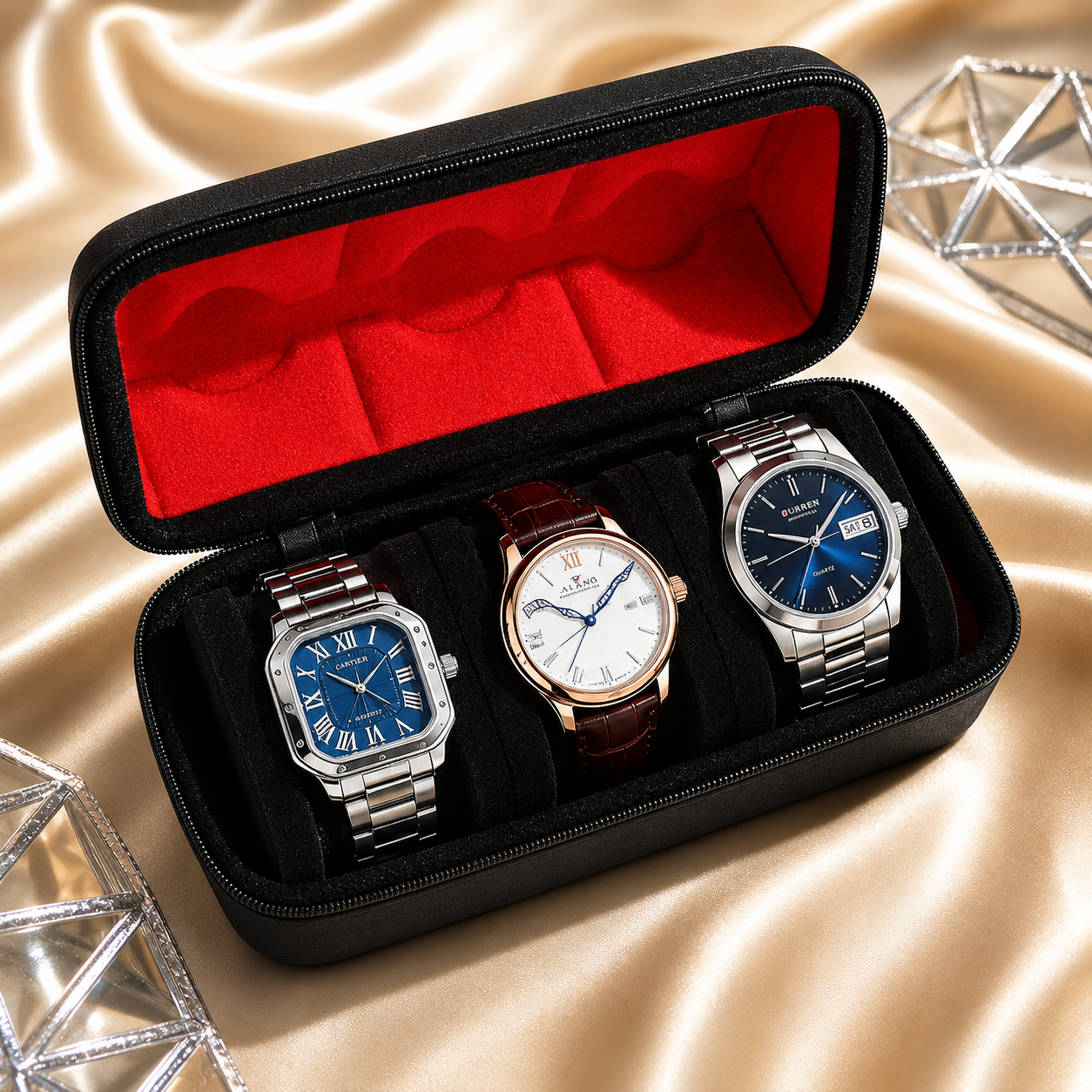 A black zippered watch presentation case with a bright red interior, holding three wristwatches: a silver-toned steel watch with a blue dial, a rose-gold-toned watch with a white dial and brown leather strap, and a silver-toned steel watch with a blue dial. The case is photographed on draped champagne satin fabric with decorative crystal-like props in the corners.