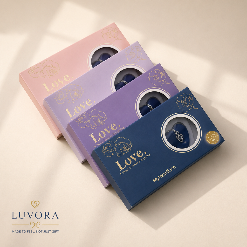 Three jewelry boxes in pink, purple, and blue with 'Love' text on a light background, featuring the Luvora brand.