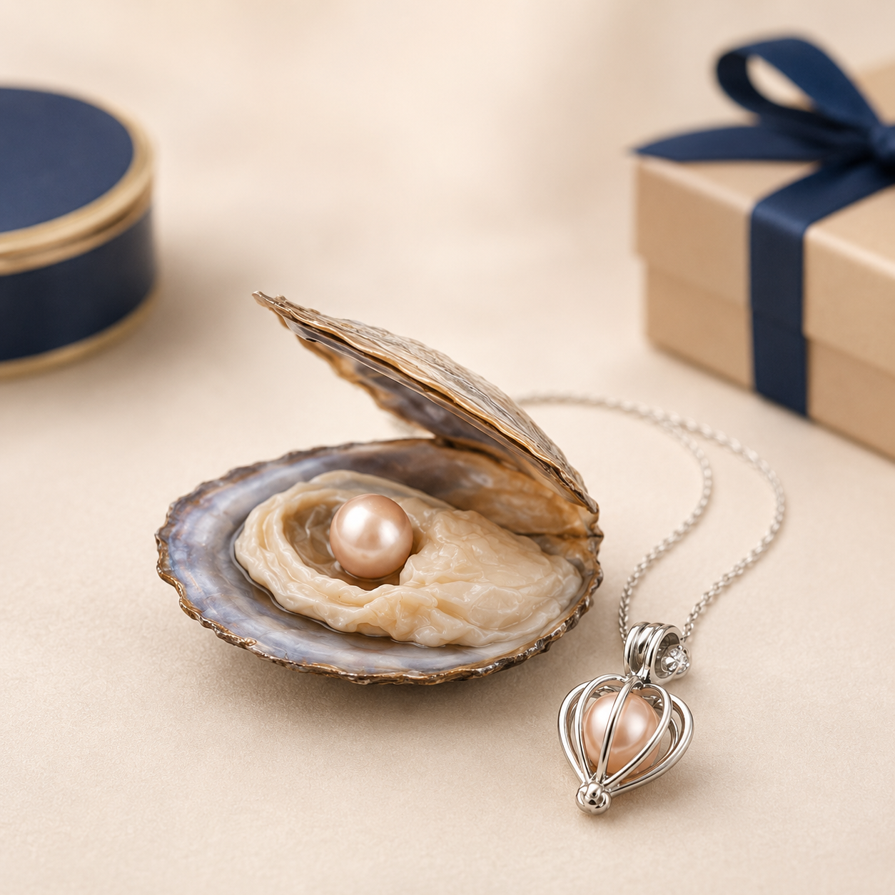 Pearl necklace with pendant in an open oyster shell on a beige surface with a gift box in the background.