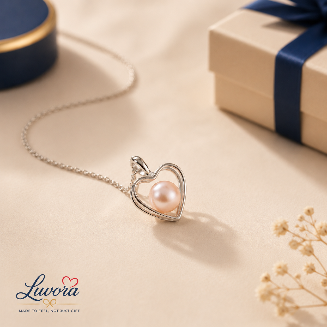 Heart-shaped necklace with a pearl pendant on a beige surface, next to a gift box and dried flowers, with Luvoria branding.