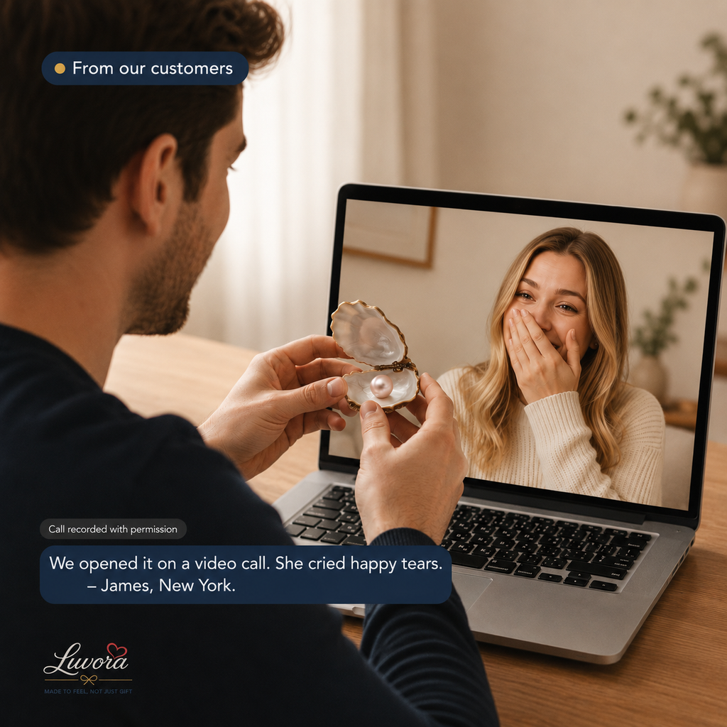 Man proposing to a woman on a video call using a laptop, with Luvoria branding.