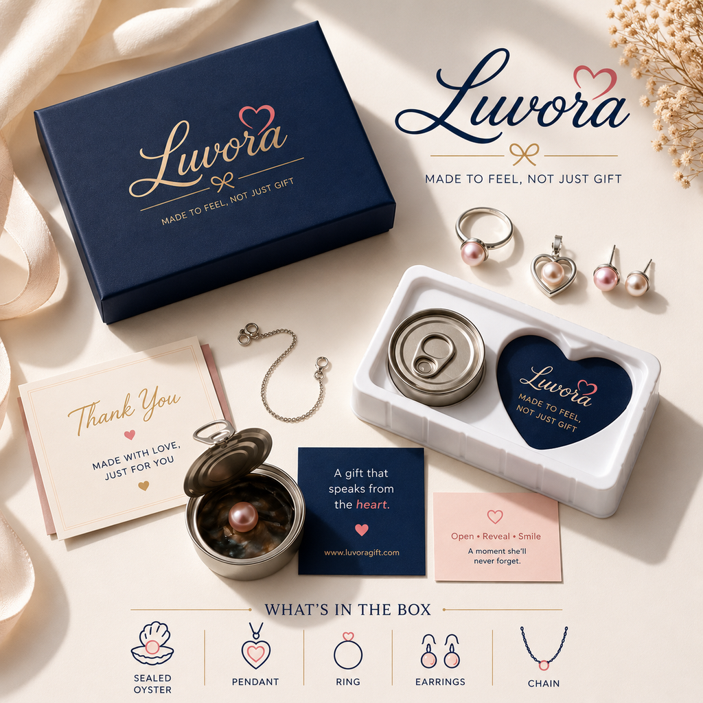 Luvora jewelry gift set with jewelry and packaging on a light background
