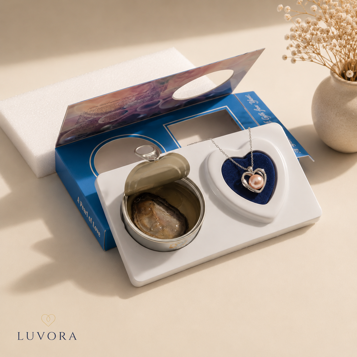 Jewelry set with heart-shaped box and necklace on a light surface, featuring LUVORA brand.