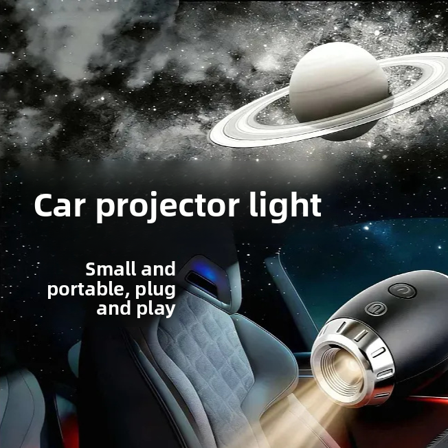 Car projector light with Saturn projection inside a car, on a space-themed background.
