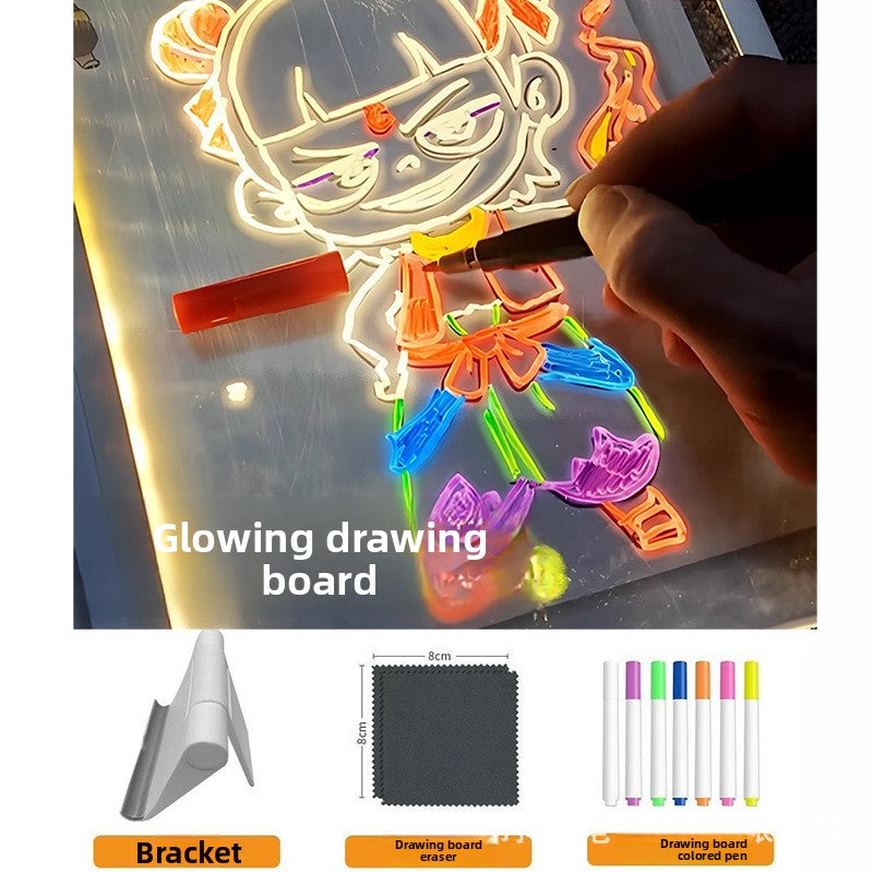 Glowing drawing board with colorful markers and a hand using one, with additional components displayed below.