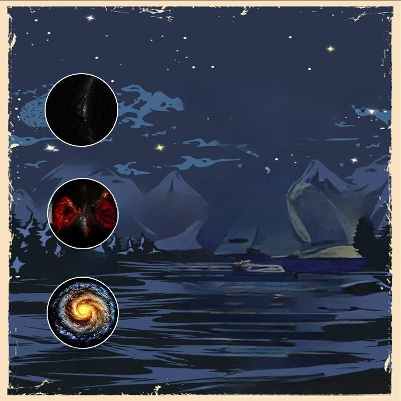 Nighttime landscape with mountains, stars, and celestial bodies inset.