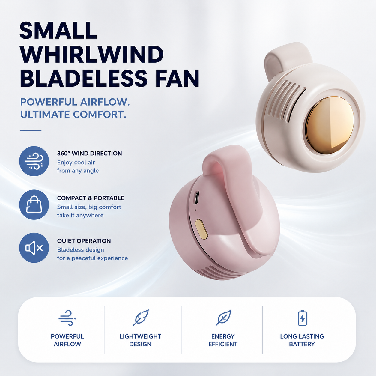 High-quality exploded view of a portable wearable mini fan with a 60-blade turbo airflow system, powerful brushless motor, USB-C rechargeable battery, and ultra-quiet operation. Ideal for travel, outdoor activities, sports, work, hiking, camping, concerts, and everyday cooling.
