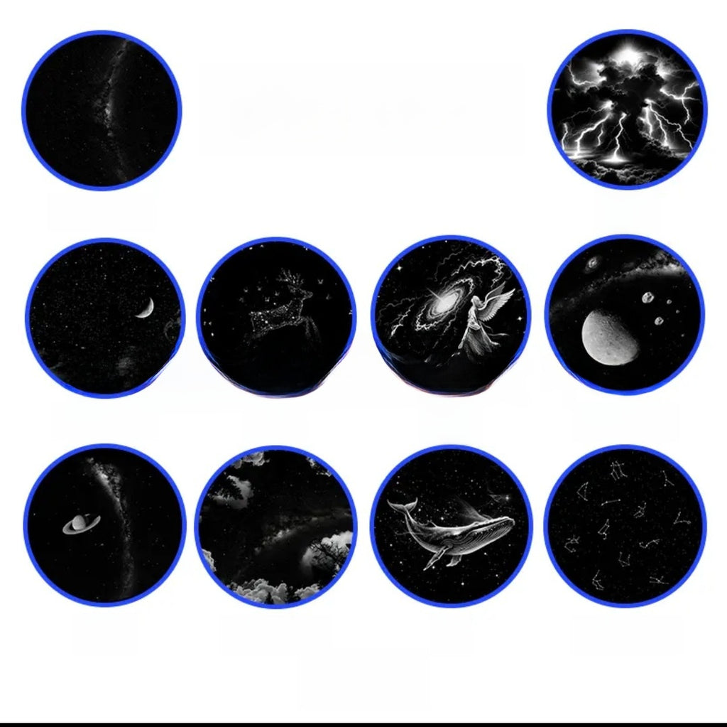 Collection of black and white celestial images arranged in a grid on a white background.