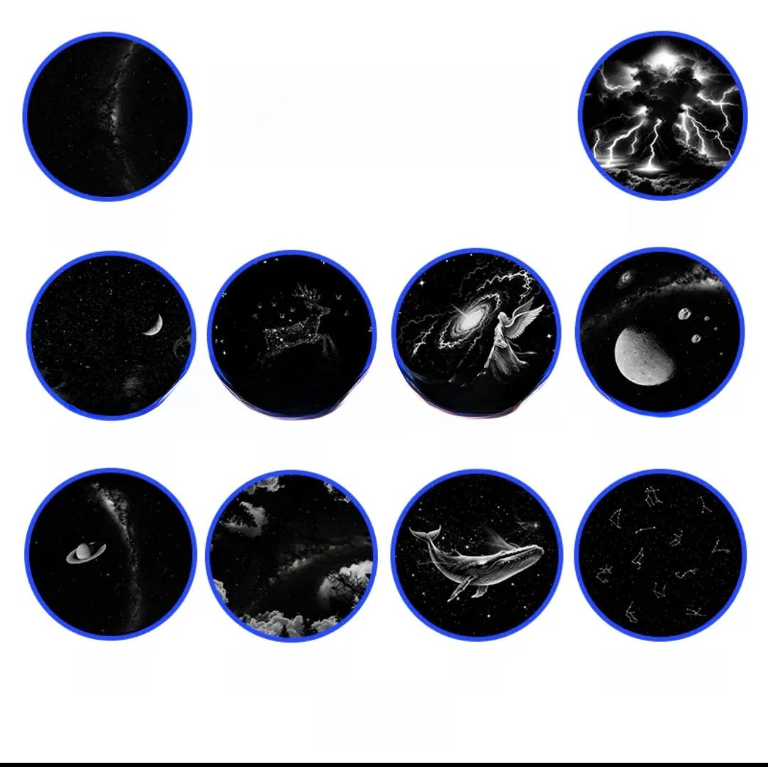 Collection of black and white celestial images arranged in a grid on a white background.