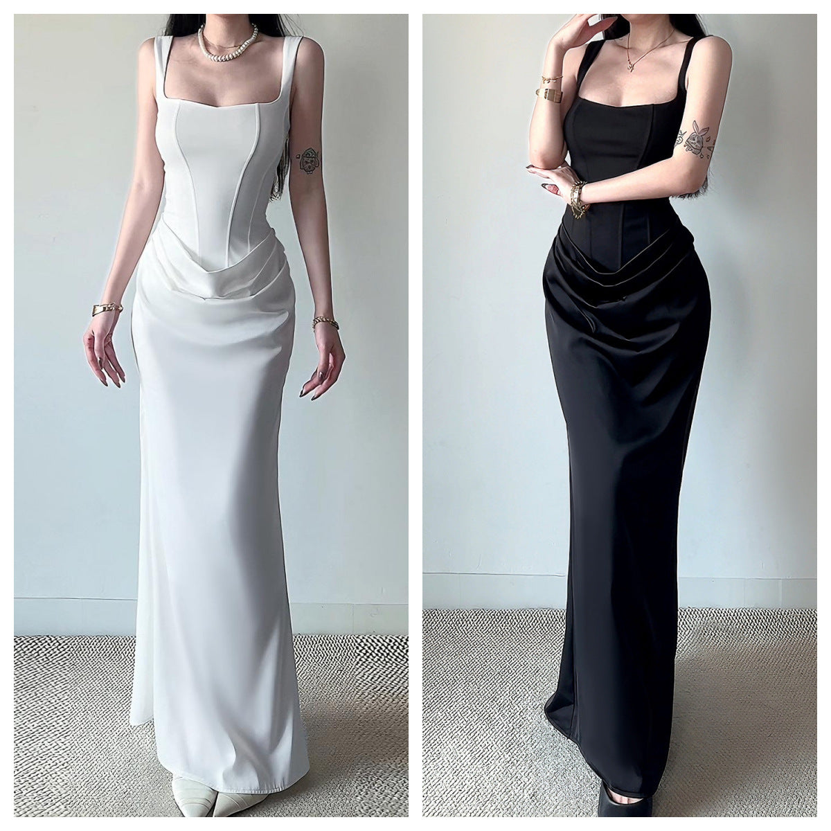 Two long dresses, one white and one black, worn by a person against a plain background.
