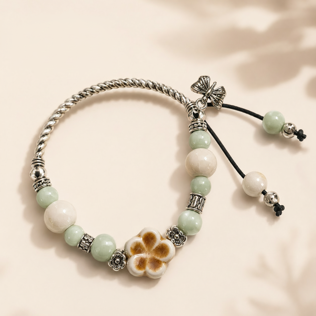 Beaded bracelet with floral charm on a beige background, featuring the Luvora brand.