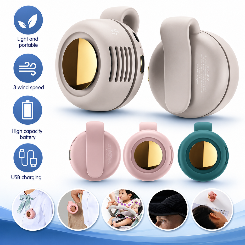 High-quality exploded view of a portable wearable mini fan with a 60-blade turbo airflow system, powerful brushless motor, USB-C rechargeable battery, and ultra-quiet operation. Ideal for travel, outdoor activities, sports, work, hiking, camping, concerts, and everyday cooling.